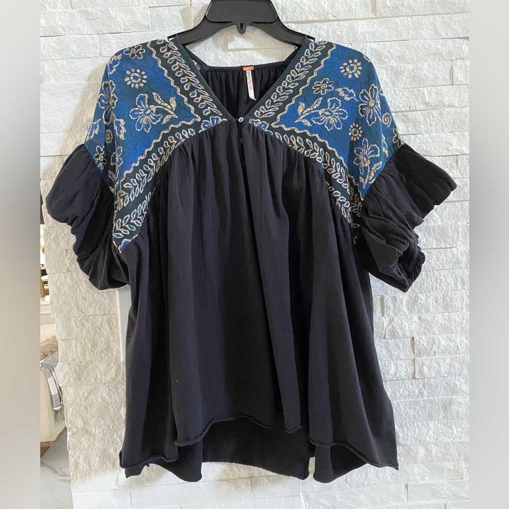 Free People Black Top with Blue Floral Detail